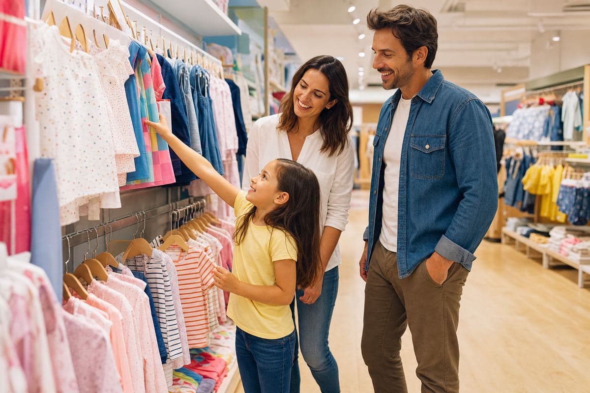 Ad creative: parents and daughter in the kids' clothing section