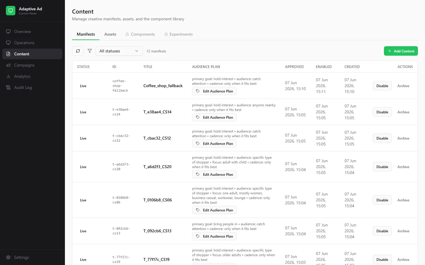 Presently dashboard content page listing twelve live ad manifests, each with a plain-English audience plan, approval timestamps, and disable and archive controls